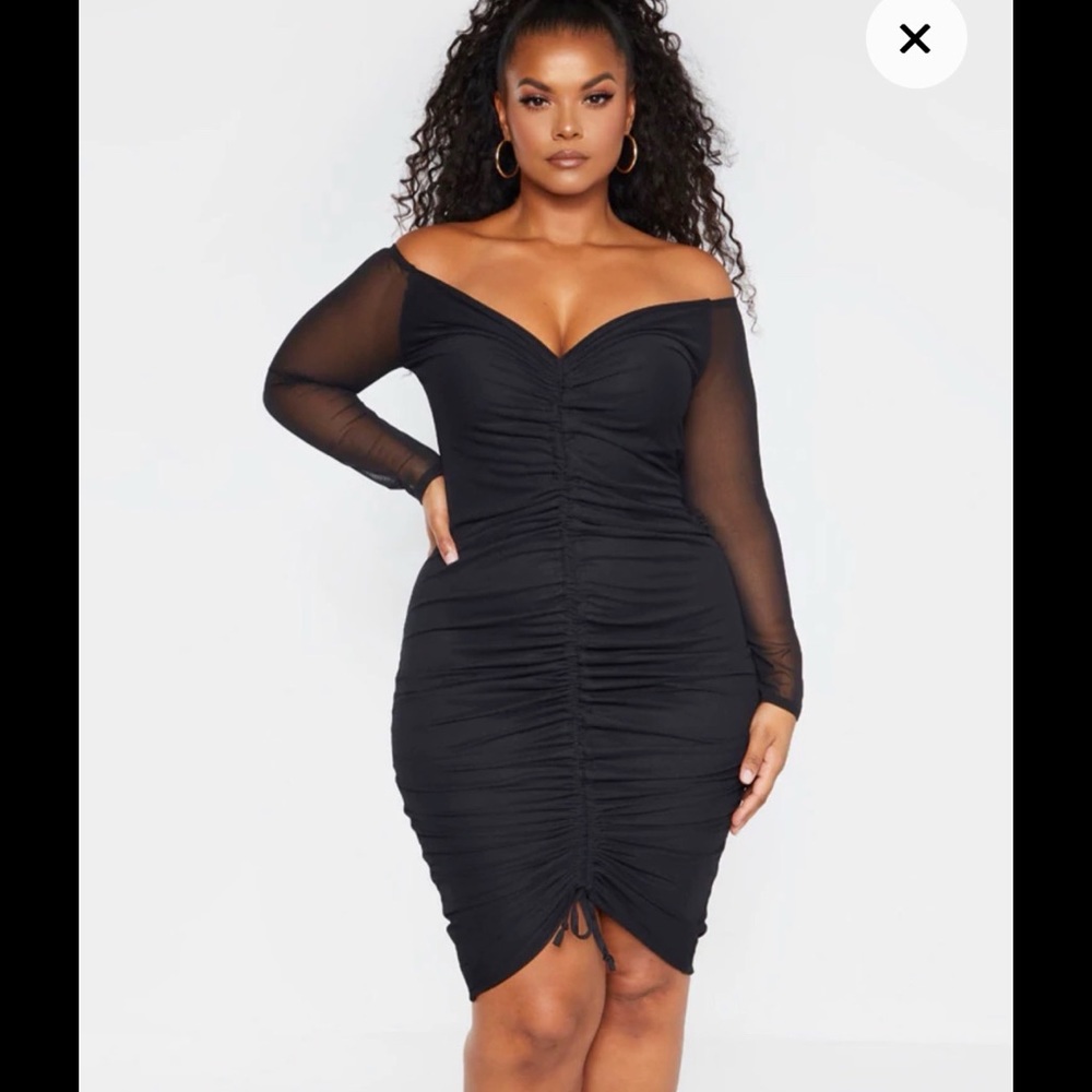 Plus Black Mesh Ruched Bardot Midi Dress